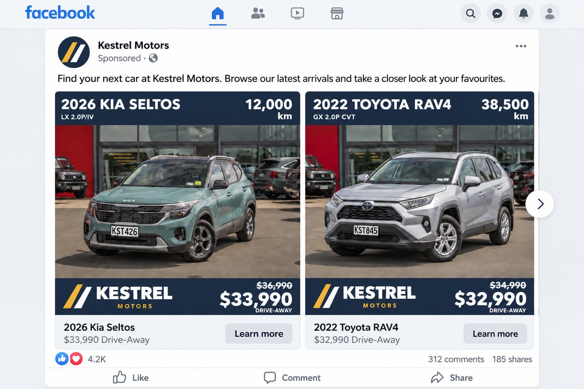 The same Facebook carousel ad with branded tiles showing each vehicle's model, trim, kilometres, sale price and dealership logo