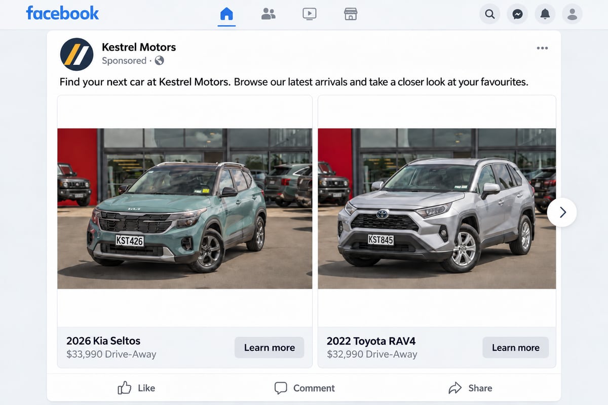 A Facebook carousel ad showing plain dealer photos of two vehicles, with no price, kilometres or branding on the image
